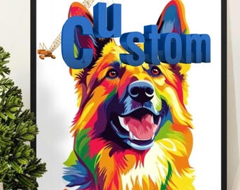 May include: A framed art print featuring a colorful pop art style German Shepherd dog portrait. The dog's fur is rendered in vibrant hues of yellow, orange, red, blue, and green. The word "Custom" is displayed in blue 3D letters above the dog.