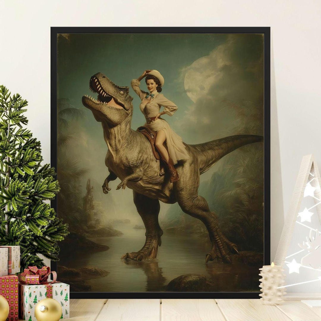 Cowgirl Riding Dinosaur Art Print, Funny Western T Rex Poster - Etsy