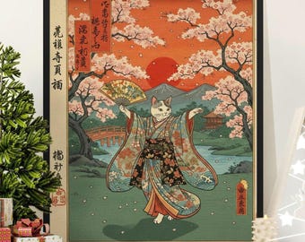 Ukiyo-e Cat Art Print, Japanese Kimono Cat, Cherry Blossom Home Decor