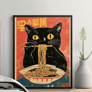 Vintage Cat Ramen Poster, Retro Japanese Kitchen Art Print