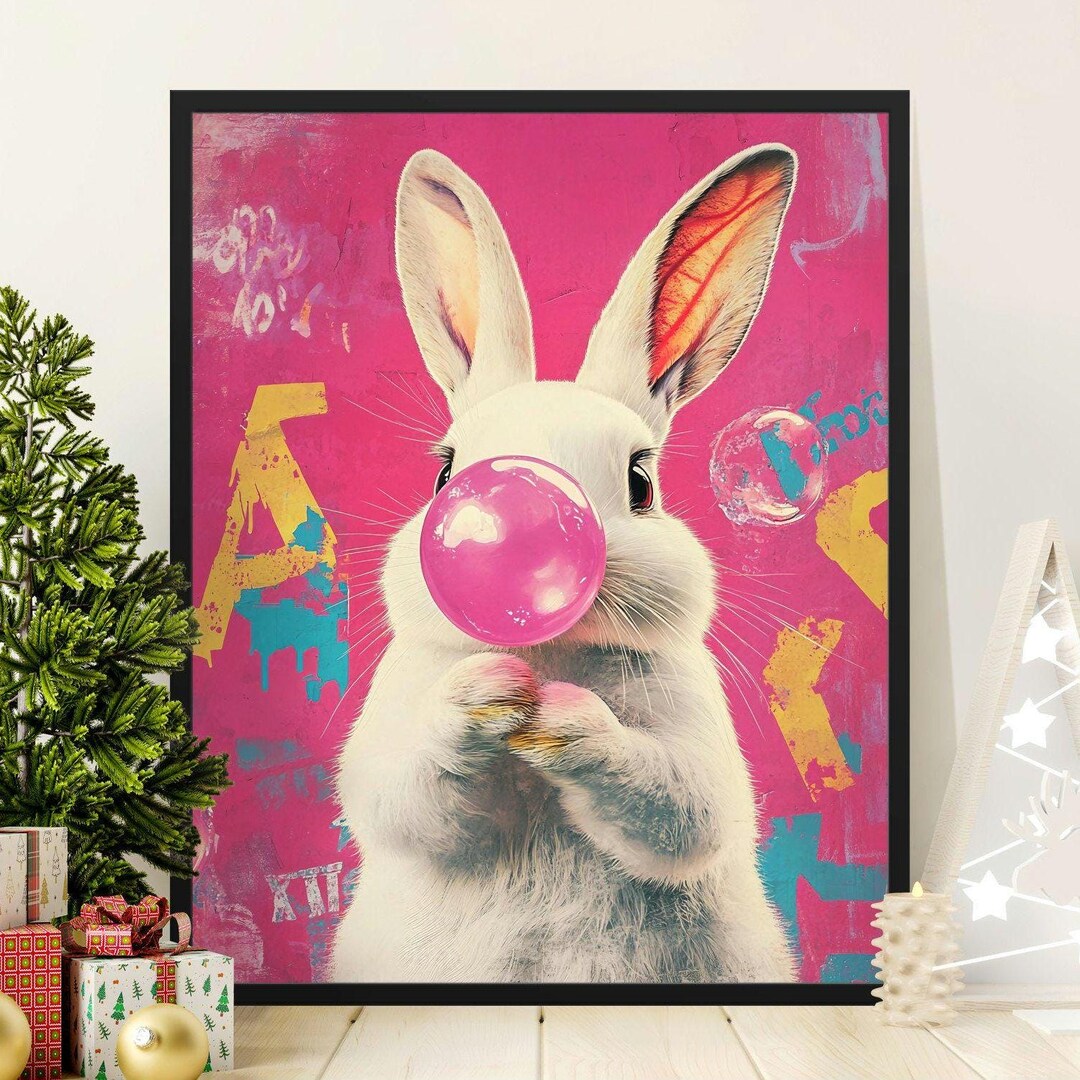 Cool Rabbit Poster Cute Rabbit Poster, Bubblegum Art Print for Kids Room, Whimsical Animal ...