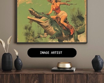 Vintage Pin Up Riding Alligator, 1950s Art Decor, Retro Wall Hanging, Unique Gift Idea, Distressed aesthetic,woman riding crocodile, Fun Art