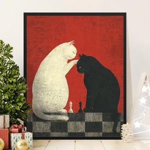 Cat Chess Posters, Black and White Cats Art, Chess Board Game Print, Funny Cat Lover Gift, Animal Wall Art Decor, Modern Home Decor