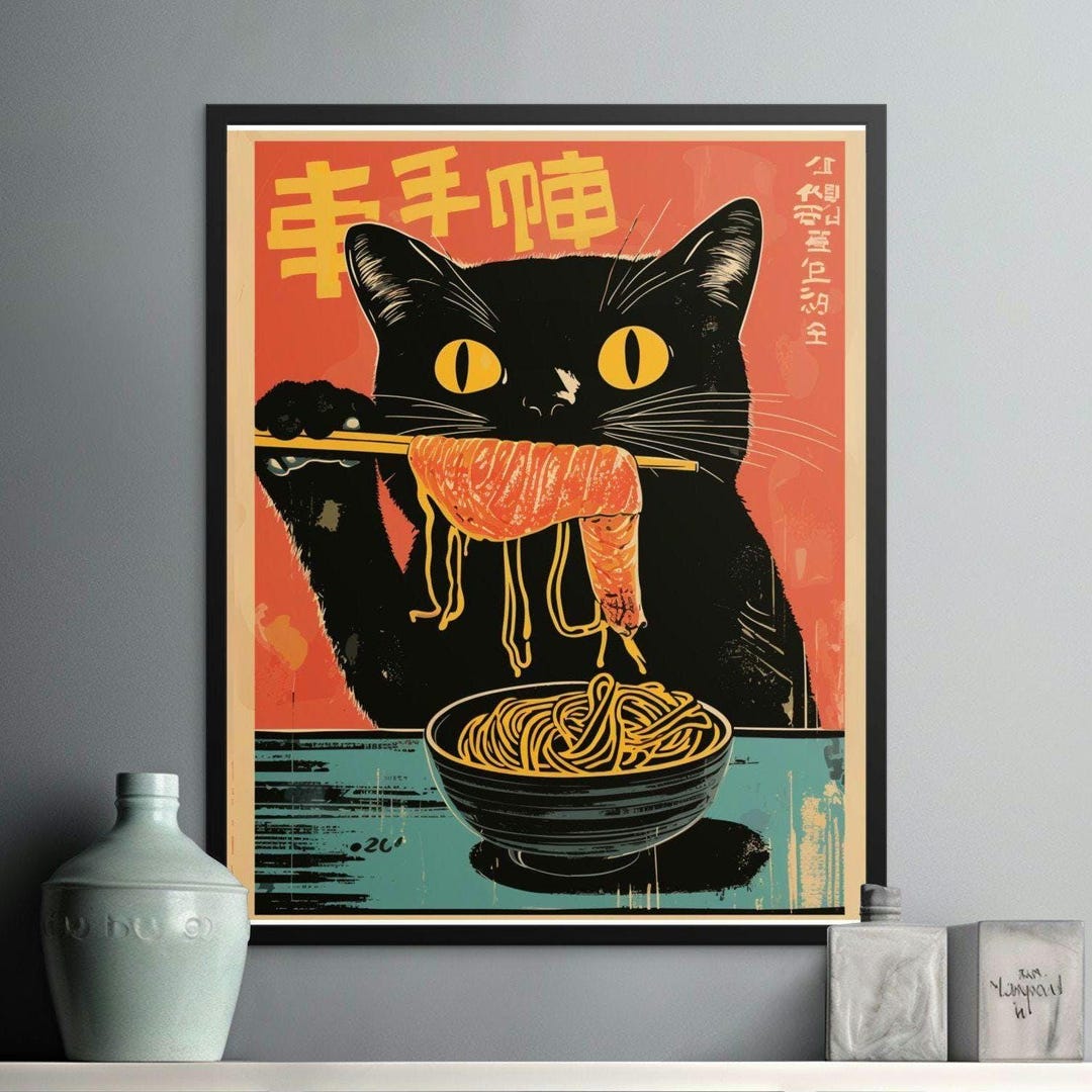 Cute Black Cat Eating Ramen Poster, Japanese Cuisine Art Print ...