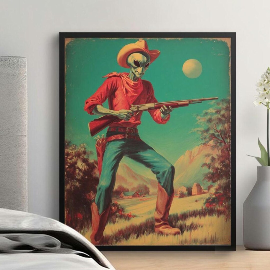Alien Cowboy Retro Sci-fi Western Canvas Print, Vintage B Movie Wall ...