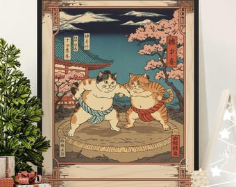 Japanese Sumo Cats Wrestling Art Print: Unique Cat Lover Decor