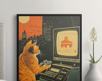 Retro Cat Gamer Print, Vintage Computer Art, Geek Decor