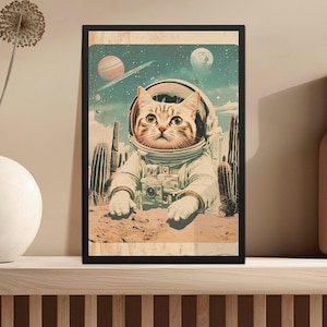 Retro Cat Astronaut Posters, Space Cat Art, Funny Animal Posters, Outer Space Print, Vintage Style Wall Art, Cat Lover Gift