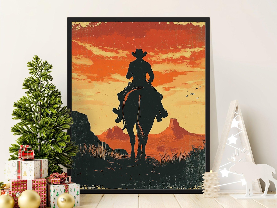 Vintage Cowboy Poster, Western Art Print, Retro Cowboy Riding Horse ...