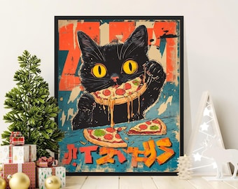 Retro Cat Eating Pizza Art Print, Funny Vintage Wall Decor