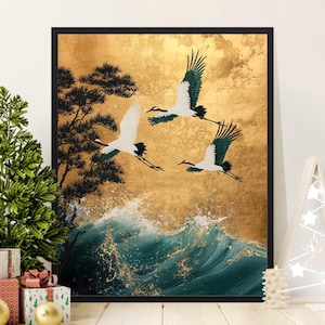 Japanese Crane Art Print, Elegant Gold Background Poster, Japanese Wall Decor, Cranes Flying Over Waves, Japanese Crane Poster, Asian Art