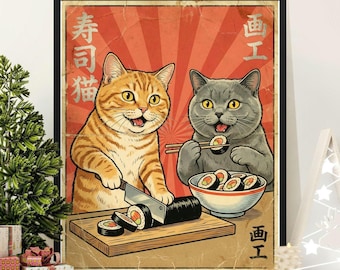 Sushi Cats Art Poster, Funny Japanese Kitchen Decor