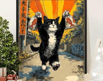 Ukiyo-e Cat Art Print: Lucky Cat Goldfish, Asian Street Alley Decor