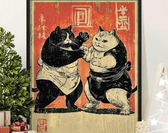 Sumo Cat Ukiyo-e Print: Funny Japanese Art Poster
