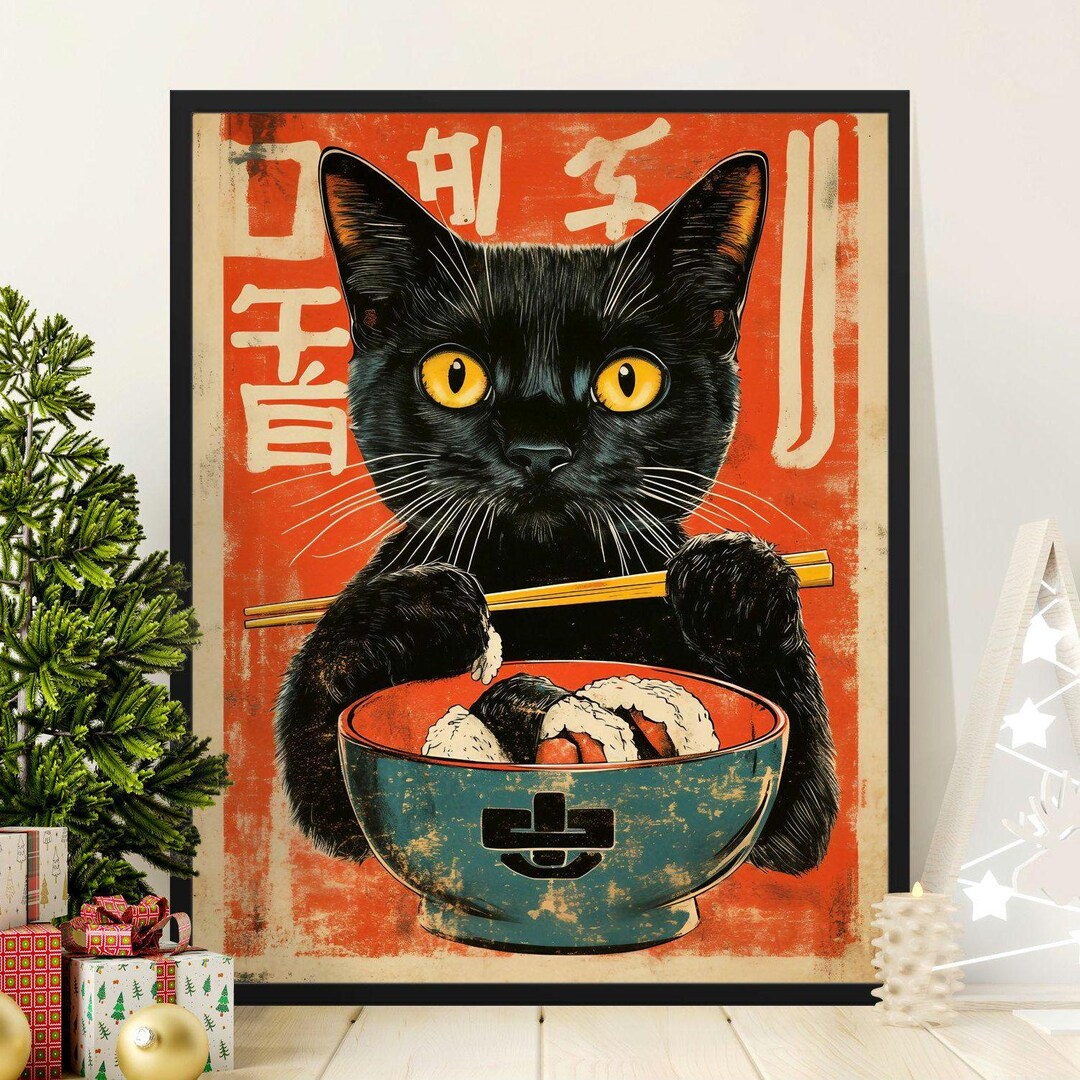 Cute Cat Eating Sushi Poster, Japanese Style Cat Art Print, Quirky Cat ...