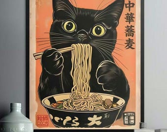Vintage Cat Ramen Poster, Japanese Kitchen Wall Art