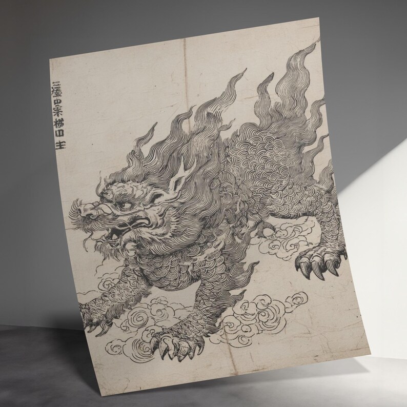 Vintage Chinese Dragon Artwork Print, Mystical Ink Art Poster, Asian Wall Decor, Mythical Creature Illustration, Antique Style Decor