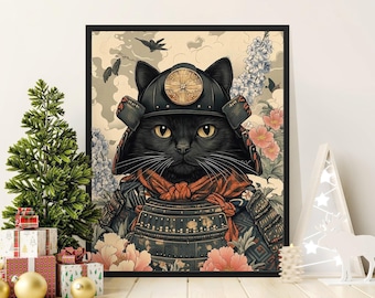 Samurai Cat Art Print, Japanese Warrior Animal Poster