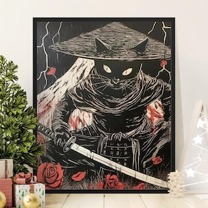 Samurai Cat Art Print, Ninja Warrior with Sword, Japanese Anime