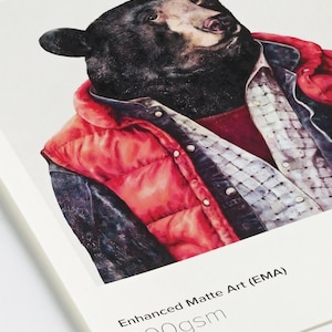 The image is a close-up of a bear wearing a red jacket and a plaid shirt, with the bear's face and upper body prominently featured.