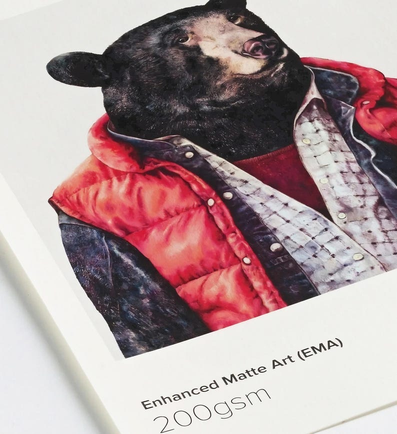 The image is a close-up of a bear wearing a red jacket and a plaid shirt, with the bear's face and upper body prominently featured.