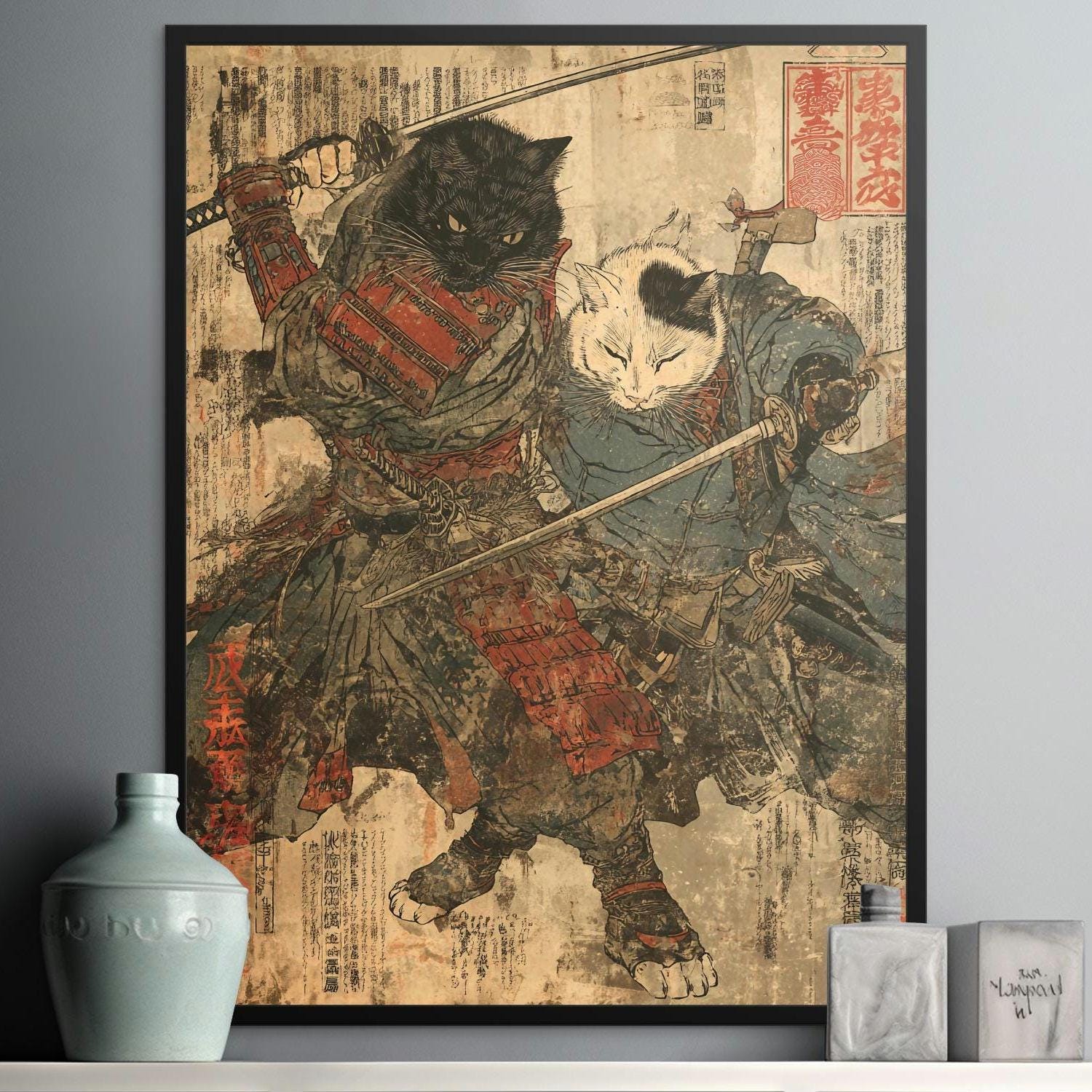 Samurai Cat Canvas, Framed Poster, Poster, Japanese Art Print, Feline Warrior Decor, Funny Cat Wall Art, Unique Gift Idea, Cat Lover Gift