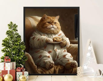 Cute Cat with Cookie Poster, Funny Cat Art Print for Home Decor, Cozy Cat Illustration, Adorable Feline in Pajamas Artwork