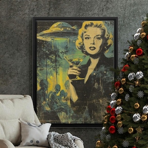 Retro Alien Encounter Canvas,Framed Poster,Poster. Sci-Fi Art,UFO Print,Marilyn and Aliens,Martini Art,Vintage Style Wall Art,Home Decor