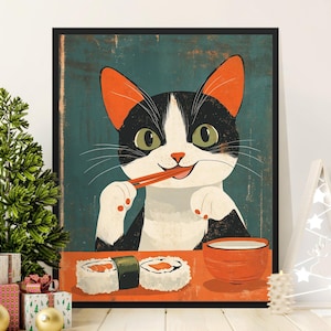 Cute Cat Eating Sushi Poster, Whimsical Cat Art Print, Kawaii Kitchen Decor, Fun Wall Art for Cat Lovers, Illustrated Poster, Gift Idea