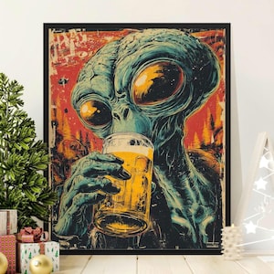Alien Drinking Beer Poster, Large Poster, Canvas Wrap, Framed Poster, Sci-Fi Art, Funny Wall Decor, Unique Gift Idea, Retro Alien Art
