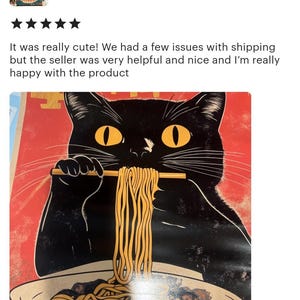 The image is a vibrant and whimsical illustration of a black cat with yellow eyes, holding a plate of noodles in its paws and appearing to enjoy a meal. The cat is depicted in a playful and exaggerated manner, with noodles spilling out of the plate, creating a sense of fun and delight. The image is a creative and engaging representation of a simple, everyday scene that can evoke feelings of warmth and happiness.