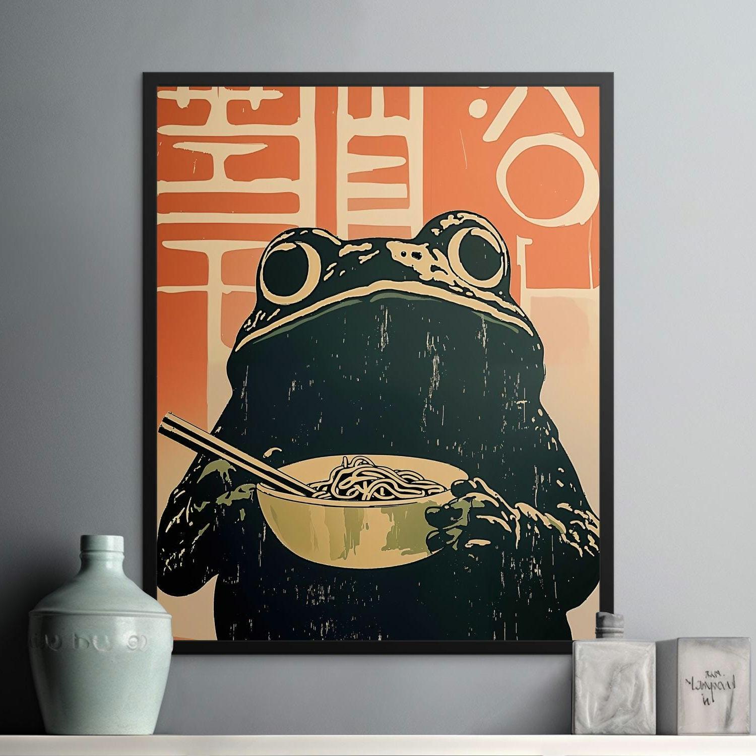 Vintage Japanese Frog Eating Ramen Posters, Funny Animal Art, Japanese Noodles Print, Cute Kitchen Decor, Quirky Wall Art, Ukiyo Style Gift