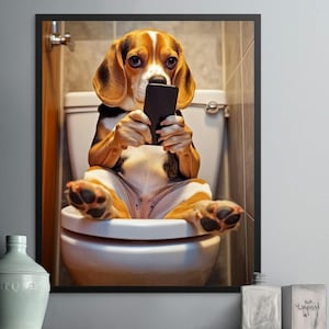 Cute Beagle Dog with Smartphone Wall Art, Bathroom Humor Decor, Funny Pet Art Print, Dog on Toilet Poster, Quirky Animal Wall Art, Gift