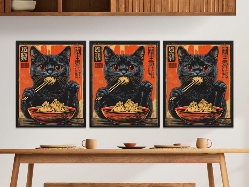 Vintage Cat Art Poster, Retro Cat Eating Dumplings Print, Chinese