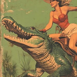 Cowgirl Riding Alligator Art Print, Retro Americana Western Decor, Can Be Customised image 3