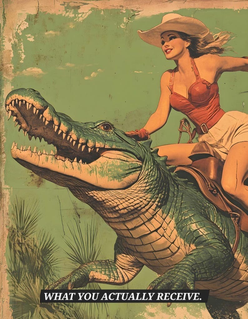Cowgirl Riding Alligator Art Print, Retro Americana Western Decor, Can Be Customised image 3
