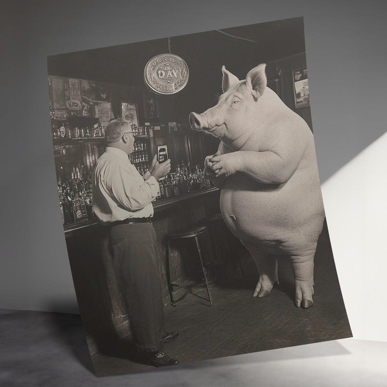 Vintage Pig Bar Scene Print, Humorous Pig Wall Art, Quirky Animal Decor