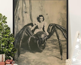 Vintage Woman Riding Giant Spider Wall Art, Unique Gothic Décor, Retro Horror Photography, Creepy Artwork for Home Decoration, Halloween