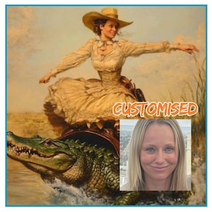 A painting of a woman in a yellow dress riding a green alligator, with the word "CUSTOMISED" overlaid on the image.