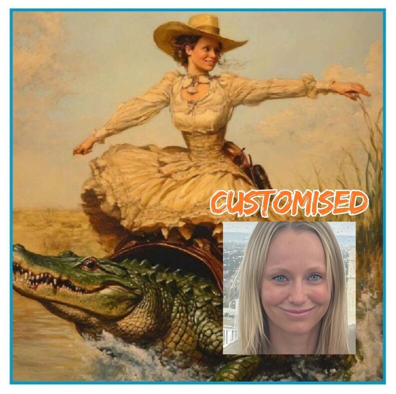 A painting of a woman in a yellow dress riding a green alligator, with the word "CUSTOMISED" overlaid on the image.