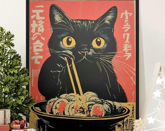 Vintage Style Cat Sushi Print, Japanese Kitchen Decor
