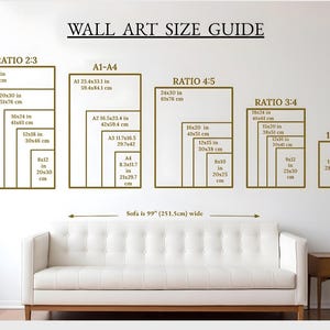 The image is a wall art size guide that provides dimensions for different wall art sizes, ranging from small to large. The guide includes a sofa in the background, which is white and has a wooden frame.