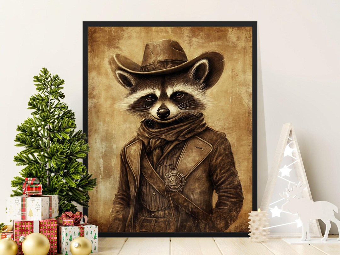 Western Raccoon Art Poster, Cowboy Raccoon Wall Art, Rustic Raccoon ...