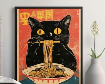 Vintage Cat Ramen Poster, Retro Japanese Kitchen Art Print