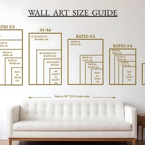 The image is a wall art size guide that provides dimensions for different wall art sizes, ranging from 2x3 to 11x14 feet wide.