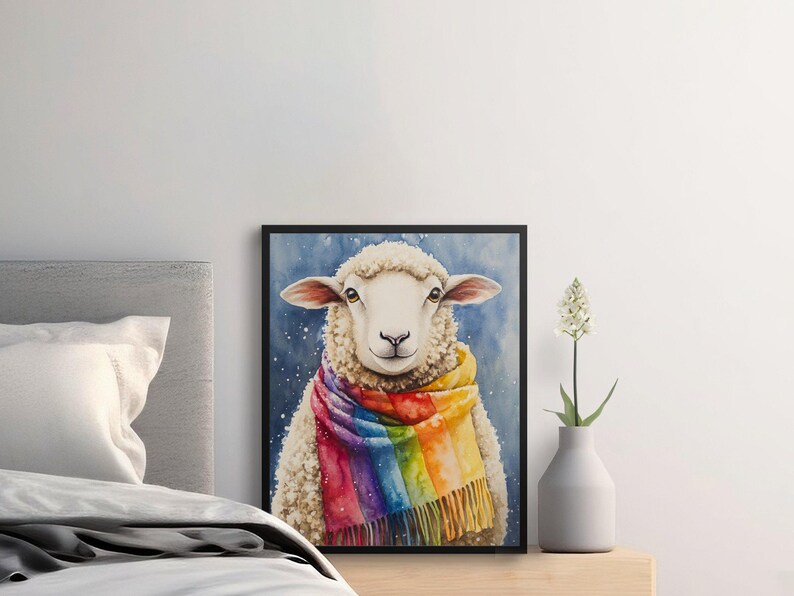 Cute Sheep Wall Art, Rainbow Scarf Animal Print, Whimsical Farmhouse