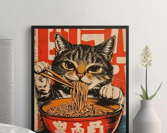 Customisable Vintage Cat Eating Noodles Poster, Asian Inspired Kitchen Art