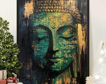 May include: A framed Buddha face painting with a serene expression. The artwork features a color palette of teal, gold, and black. Gold accents and script-like text add detail to the face. The painting is displayed on a white surface.