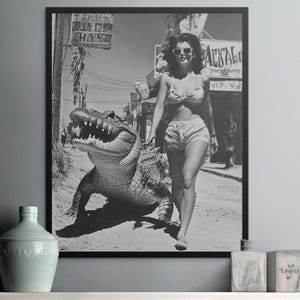 Woman with Alligator Vintage Print: Retro Beach Scene Wall Art