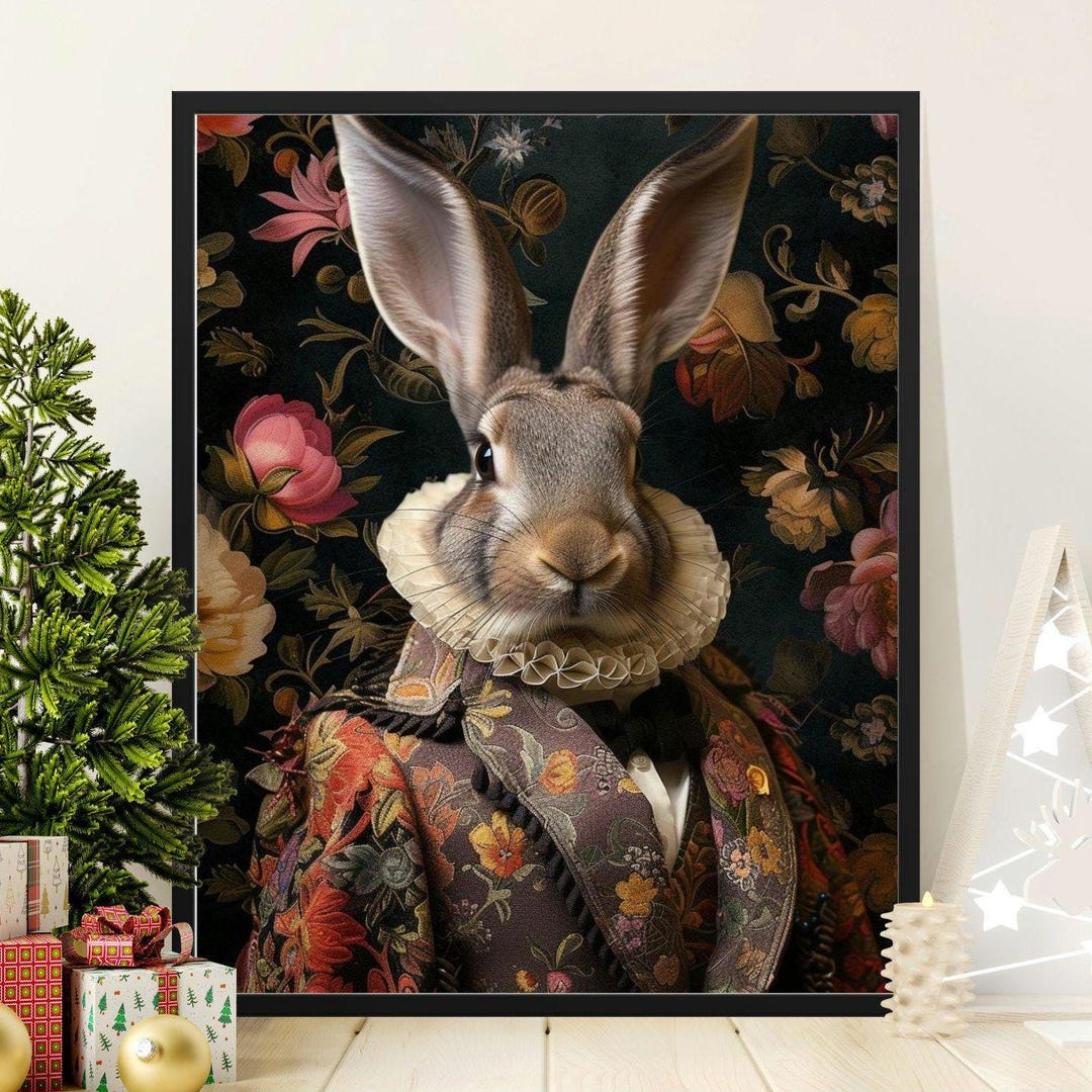 Renaissance Rabbit Portrait, Elegant Animal Wall Art, Victorian Style ...
